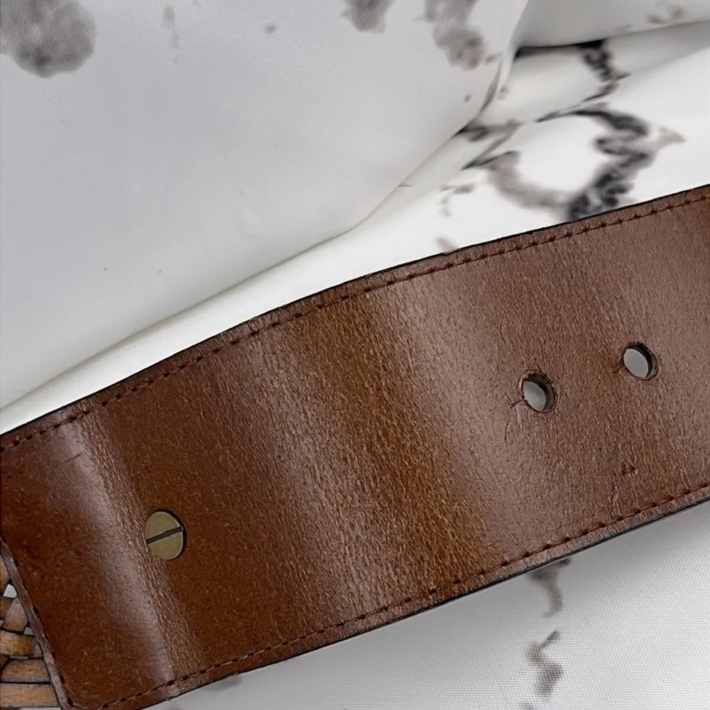 Woven Bonded Leather Wide Belt Large Brass Buckle Adjustable Celtic Knot Weave - Picture 6 of 8